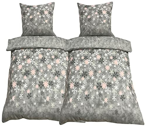Leonado Vicenti Winter Bettwäsche 155x220 Thermofleece Flauschig Garnitur Set Bettbezug Schlafzimmer 4 teilig Schneeflocken Rosa Grau