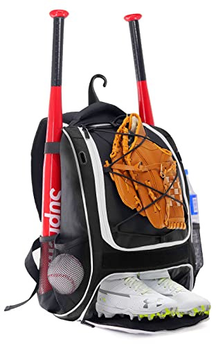 WOLT | Youth Baseball Backpack Bag for Baseball, Softball & T-Ball Equipment & Gear, Youth Boys and Adults, with Holder for Bat, Helmet, Glove, & Shoes Compartment & Fence Hook (Black)