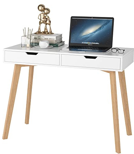 FOTOSOK White Writing Desk with 2 Drawers, Small Desk Makeup Vanity Table