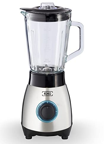 KHG Mini Standmixer 250 Watt mit 0,8 Liter Glasbehälter, Edelstahl | 4-fache 3D Edelstahlklingen, 2 Geschwindigkeitsstufen und Impulsfunktion | geeignet zum Mixen, Pürieren, Eiscrushen