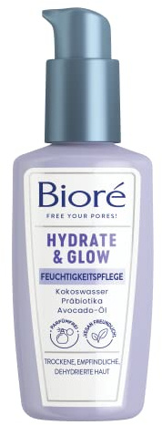 Bioré Hydrate und Glow - Feuchtigkeitspflege - Inhalt: 100 ml - Hauttyp: trocken, empfindlich, dehydriert - Mit Kokoswasser, Präbiotika und Avocado-Öl