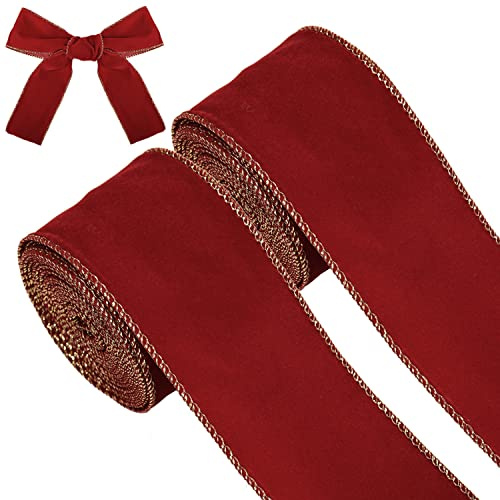 NAUZE 2 Rollen 6,3 cm x 6 m Weihnachten Weinrot Samtband Drahtrand Samtband für Geschenkverpackungen DIY Handwerk Schleifenherstellung