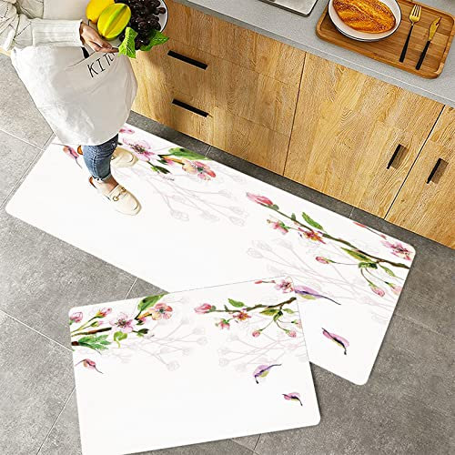 Küchenteppich Teppich Läufer Küchenläufer 2 Stück rutschfest,Aquarell, Apfelbaum blüht in der Frühjahrssaison Zweige fallen Blätter romantisch dekorati, Waschbar für Flur Küche 40 x 100 cm+40 x 60 cm