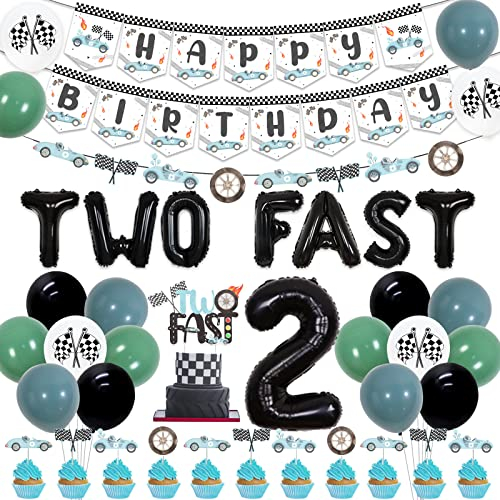 Zwei Schnelle Geburtstag Dekorationen Für Jungen Blau - Racing Car Happy Birthday Banner Girlande, Zwei Schnelle Kuchen Topper Cupcake Topper, Race Car 2nd Birthday Ballons