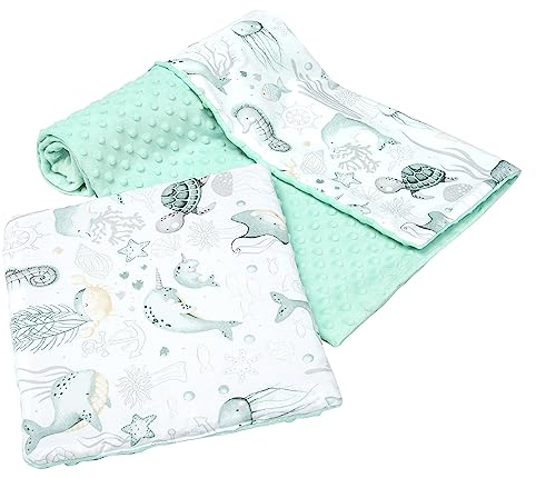 Medi Partners Babydecke Krabbeldecke mit Kissen 100% Baumwolle Minky Kinderdecke groß zweiseitig 75x100 + 35x30cm multifunktional für Bett Kinderwagen (Ozean mit minzer Minky)