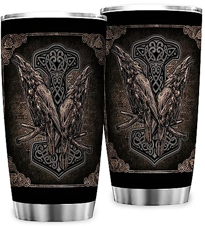 Gopumchy Reisebecher Kaffeebecher Wikinger Nordische Thor Hammer Raben Thermobecher Edelstahl Vakuumisoliert Becher Tassen mit spritzwassergeschütztem Deckel Trinkbecher kaffeetasse