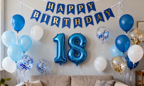 Luftballon 18. Geburtstag Blau Gold, 18 Jahr Geburtstagsdeko Junge, 18 Geburtstag Dekoration Blau, 18. Geburtstagparty Deko Jungen Blau Gold, 18. Geburtstagdeko Mädchen Jungen(18.)