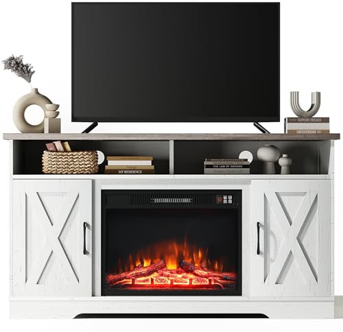 INMOZATA Electric Fire Insert TV Stand, Entertainment Center Console Table with Realistic LED Flame Effect, Remote Control&Overheat Protection, White, 23 Fireplace, for 65 TV