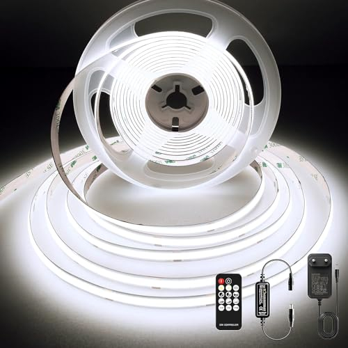 BERIXDEEP Striscia led COB 3M, striscia dimmerabile con comando e alimentazione, DC24V, CRI>90, 8 mm larghezza, striscia luci continue per decorazione camera da letto, bianco freddo 6000 K