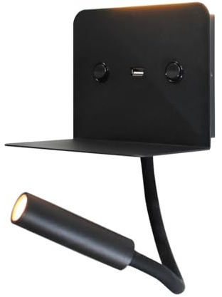 Alpinaluz Applique da lettura LED nero con base di ricarica USB - Faretto 3W tipo Flexo - Luce cortesia 6W - Ideale per lettura notturna e ricarica mobile, WL001-BK