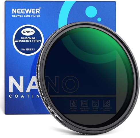 NEEWER 62mm True Color Variable ND2-ND400 Filtro, Hard Stops Filtro VND Densidad Neutra Ajustabl con Vidrio Óptico HD Revestimiento Múltiple/Marco Aluminio/Repelente al Agua/Resistente a Arañazos