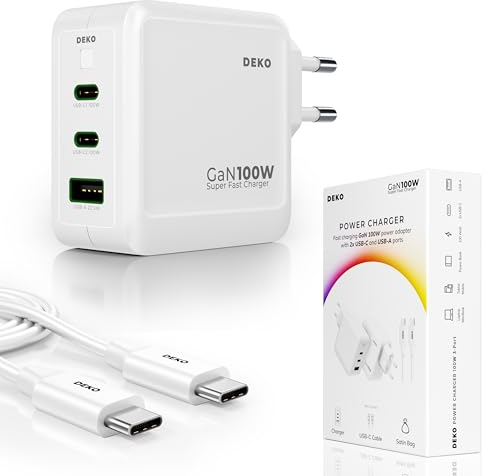 Deko Cargador C 100W 2x USB-C 1x USB-A - Carga Rápida con Cable 100W - Compatible con Laptop, MacBook, iPhone, Samsung y Más