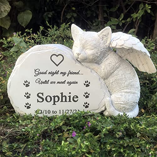 WouND Personalisierter Gedenkstein für Haustierkatzen mit schlafender Katze, Engelsstatue, Katzen-Grabmarkierungen, Grabstein für den Außenbereich, Garten, Einheitsgröße, vollfarbig