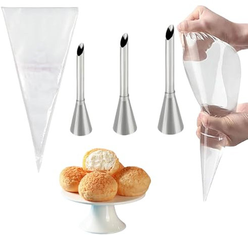 Spritztüllen Lang, 3 Stück Krapfenspritze Pufffüll Fülltülle mit 20 Stück Spritzbeutel, Edelstahldüsen Kuchen zum Füllen von Marmeladen, Blätterteig… (A)