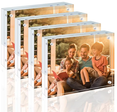 Egofine Magnetischer Bilderrahmen 9 x 13 cm Acrylrahmen 4 Packung, 20mm dicker rahmenlose klare schwebende Rahmen, Magnetischer doppelseitiger Fotorahmen, freistehender Desktop