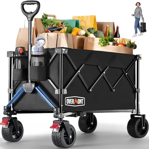 Overmont Carrello da Giardino Pieghevole con Ruote - Carrello da Spiaggia per Tutti i Terreni - Capacità Carico 150kg 150L per Festival Campeggio Picnic Sport Shopping Nero