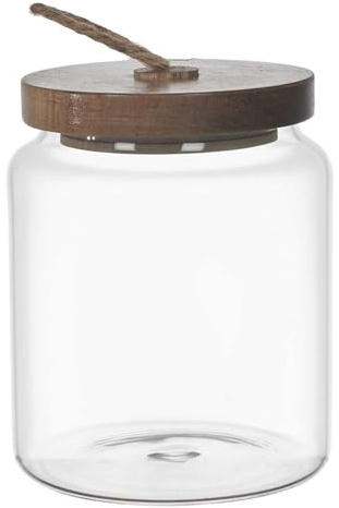 HOME DECO FACTORY, KA0260, Bocal en Verre avec Couvercle en Acacia, Design Moderne et élégant, idéal pour la Conservation des Aliments, Facile à Nettoyer, H10 cm, Transparent Marron