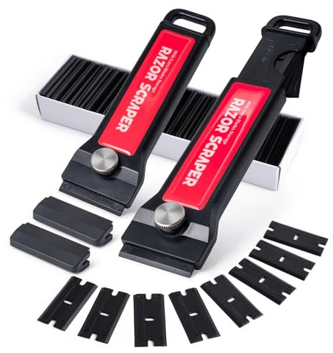FOSHIO 2 pièces Grattoirs en plastique Nettoyage Grattoir à avec 100 lames en plastique, Idéal pour Nettoyer, Grattoir de Sols, Grattoir Peinture, Grattoir pour Colle, Carrelage, Papier Peint