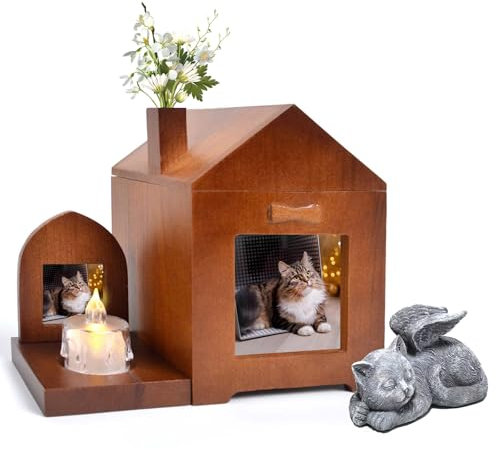 Umberdom Coffret 3 en 1 pour cendres de chat, ange + monument + urne en bois - Cadeau souvenir avec cadre photo, boîte de crémation pour chats