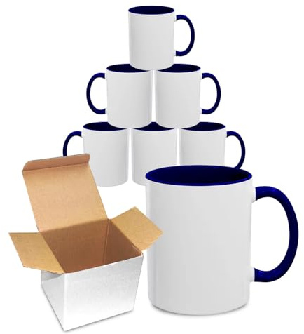 Sublimation Mugs 11oz Blank with Coloured Large Handle & Inner with Box | Durable, Ceramic Orca Finished Mugs Perfect for Custom & DIY Printing, for Loved Ones | Navy Blue Bulk Pack of 6
