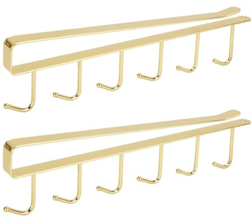blueden 2pcs Mug Organizer for Kitchen Cabinets,Under-Shelf Coffee Cup Mug Rack with 6 Hooks,Fit for 1.1 Inch Thickness Shelf or Less,Suitable for Holder Hanger for Cups/Keys Storage/Scarf.Gold