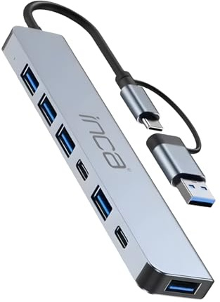 inca IUTP-7T USB Hub, 7 in 2 Multiport Adapter mit USB 2.0 + USB 3.0 Anschlüssen, 100W Power Delivery, Typ-C mit Stromschutz, Typ C Hub, kompatibel mit Windows & Mac, Aluminiumgehäuse