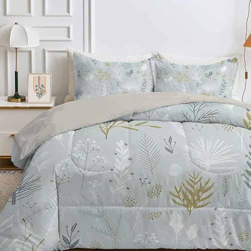 Bettdecke 200x220 Ohne Bezug Nutzbar, Blume Leaf Pflanze Bettdecken Waschbar Ganzjahresdecke Retro Stil 4 Jahreszeiten Steppdecke, Bettzeug Microfaser mit 2 Kissenbezug für Sommer Winter Doppelbett