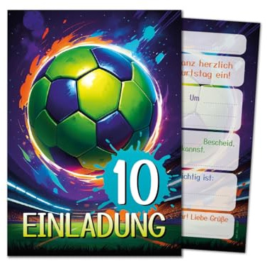 12 Einladungskarten zum 10. Kindergeburtstag Jungen Jungs Mädchen Fussball Fußball coole bunte Einladungen zehnte Geburtstag Kinder Jungsgeburtstag Soccer Kinderparty Teens Geburtstagseinladungen