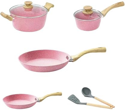 HJZSZX Juego de 8 sartenes y ollas antiadherentes para cocina, para freír huevos, aptas para todo tipo de cocinas, color rosa, 8 piezas