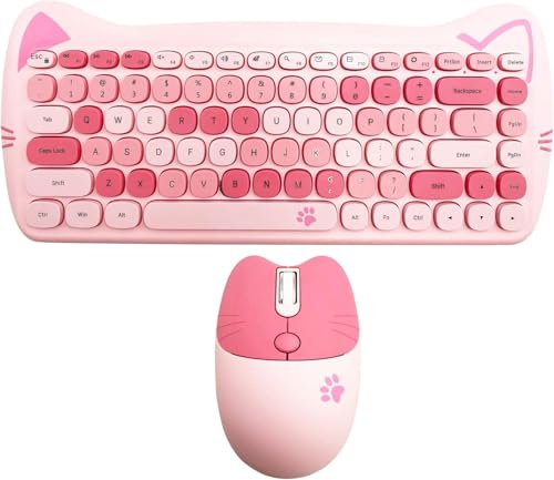 Wireless Keyboard and Mouse Combo, Cute Cat Keyboard and Mouse Set, 2.4G Cordless Computer Mice with USB Receiver for Laptop/PC/MAC (Cherry Blossom Pink)