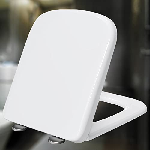 Copriwater quadrato Soft Close con meccanismo di sgancio rapido, sedile in Duroplast, per qualsiasi WC, bianco, 34 x 45 cm