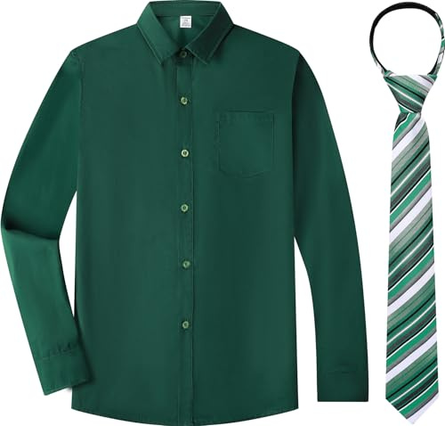mintgreen Hemd Kinder Jungen, St Patricks Day Button Baumwolle Formelles Kleid Solid Langärmelige Uniform mit Krawatte, Dunkelgrün, 128-134, Tag 8