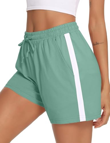 Litherday Pantalones Cortos Deportivos Mujer Verano Algodón con Bolsillos Pantalones Chándal Mujer para Yoga Fitness Jogging Verde Lima S
