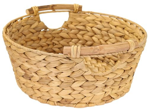 HMF Aufbewahrungskorb rund, Geschenkkorb leer geflochten aus Wasserhyazinthe mit Holzgriffen | 30 x 12 cm