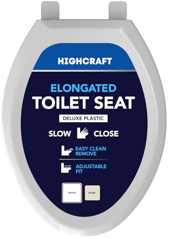 HIGHCRAFT Premium Elongated Toilet Seat with Slow-Close Design, Adjustable Hinges & Quick Removal Mechanism - Plastic Toilet Seat - Fits Standard Elongated Toilets - Oval Toilet Seat in White