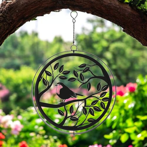 Black Metal Orbit Wind Spinner – Hanging Blue Tit,Robin or Butterfly Silhouette | 39cm Kinetic Garden Ornament | Weather-Resistant Outdoor Décor for Patio, Yard & Trees (Robin)