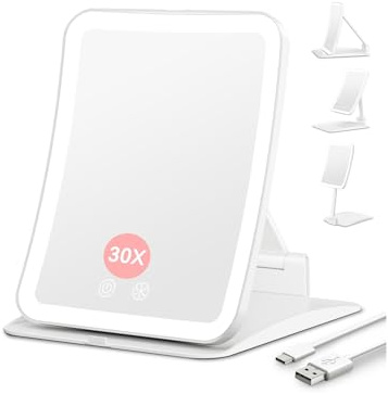 Auxmir Espejo Maquillaje con Luz 30X Aumento, Recargable 2000mAh, Plegable Portátil para Viajes Mesa con Sensor Inteligente Control Táctil 3 Colores LED Brillo Regulable USB Giratorio(Blanco)