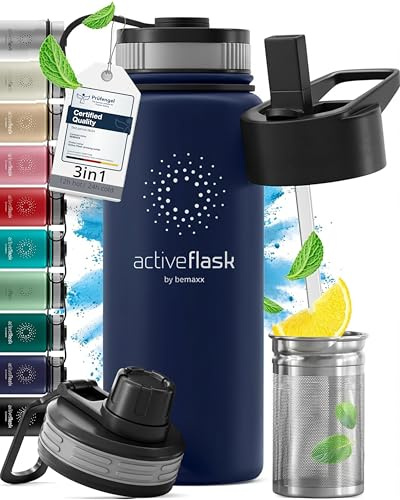 Trinkflasche Edelstahl ACTIVE FLASK + Strohhalm (3 Deckel) BPA-frei, Auslaufsicher, Kohlensäure geeignet - Wasserflasche Fahrrad Thermosflasche Isoliert Isolierflasche Sport Wasser Flasche Kinder Tee