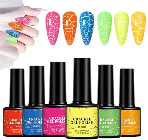 Sprickigt nagellack, set med färgat nagellack, härdad lackserie, Colorburst-mönsterutseende, kreativt konstkit, beläggning med hög vidhäftning, fest, semester,