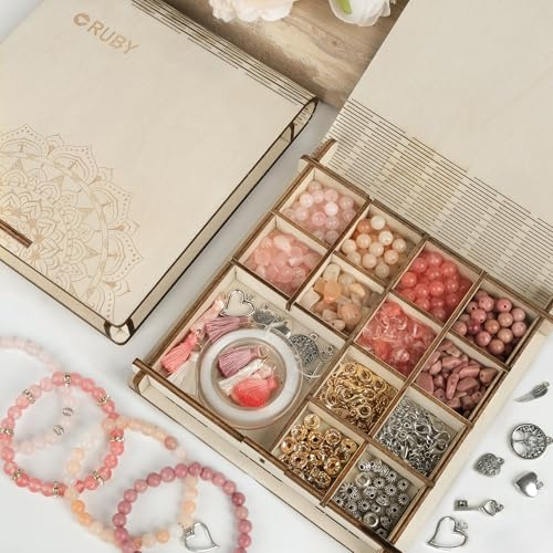 RUBY Edelstein Perlen für Armbänder mit Holzbox – Naturstein Perlen zum Auffädeln aus Rosenquarz, DIY Schmuck Bastelset zum Armband selber machen, reicht für ca. 6 Armbänder