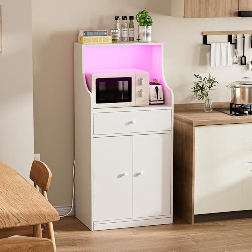 Aparador Cocina Mueble Auxiliar de Cocina Armario Buffet con Enchufe y LED, Mueble Microondas Cocina para Sala de Comedor Salón(Blanco, 60 x 40 x 123 cm)