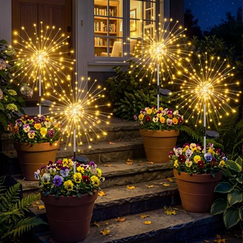 btfarm Solarlampen für Außen,4 Stück 120LED Gartendeko Solarleuchten 8 Modi | Wetterfest Solarleuchten Garten Pusteblume Solarstecker für Außen Garten Balkon Terrasse Blumenkästen Hof Deko, Warmweiß