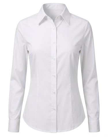 UDILEO Camicia Donna Elegante Cotone Elasticizzato Camicetta Blusa Aderente Ufficio Casual Manica Lunga Slim Fit (IT, Testo, XL, Regular, Regular, Bianco)