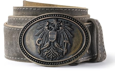 Schöneberger Traditionell kostym för män, österrike, läderbälte med Österrike, örn spänne, läderbyxor bälte av vildbockläder, franco, Grå antik, Bundweite 100 (50-52)