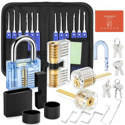 Diyife Kit de Crochetage 38 Pièces, Crochetage Serrure 4 Cadena de Pratique | Bleu, Pochette de Rangement Transportable, Poignées en Antidérapant, pour Serruriers Débutant & Professionnel
