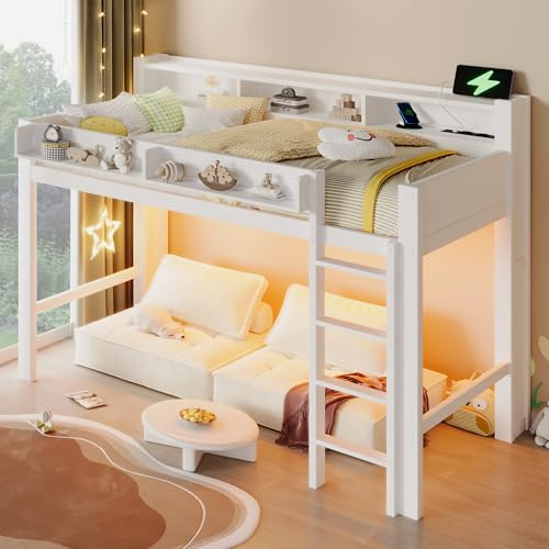 Etagenbett Hochbett 90x200, Kinderbett Jugendbett mit Ablagefächern & LED-Beleuchtung & USB-Anschluss, Holzbett Funktionsbett Einzelbett Stockbett Spielbett mit Lattenrost, Kiefer, Ohne Matratze, Weiß