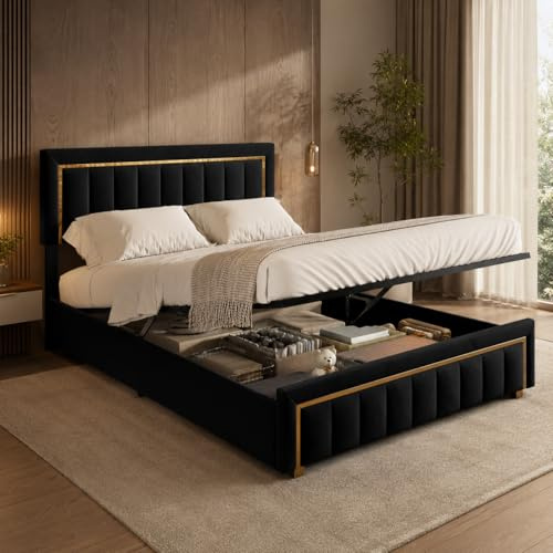 TITA-DONG Polsterbett 140x200cm mit Bettkasten, Bett mit Hydrauliksystem, Stauraumbett mit Lattenrost, Modernes Doppelbett Kopfteil mit Vertikalen Linien und Goldrand, Samt, ohne Matratze, Schwarz