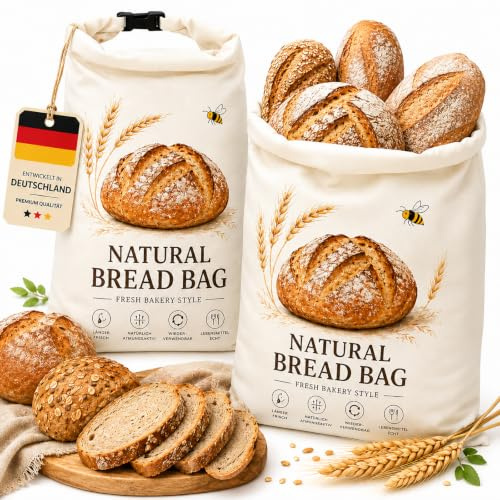 Lot de 2 sacs à pain en cire d'abeille - 42 x 33 cm - Réutilisables - En coton + TPU - Avec fermeture à clip - Pour pain, toasts, baguettes, petits pains, croissants, bagels et pâtisseries