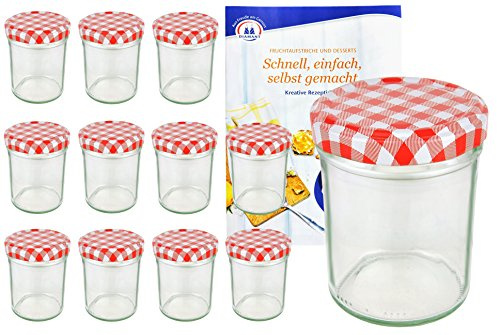 MamboCat 12er Set Sturzgläser 230 ml Hoch Deckelfarbe rot weiß kariert to 66 inkl. Diamant Gelierzauber Rezeptheft, Marmeladengläser, Einmachgläser, Einweckgläser, Gläser