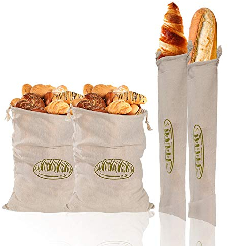 CANDeal Lot de 4 Sacs à Pain en Lin Sacs à Pain réutilisables Eco de Taille 2 pour Garder Le Pain Frais Sacs de Stockage des Aliments Non Blanchis en Lin Naturel